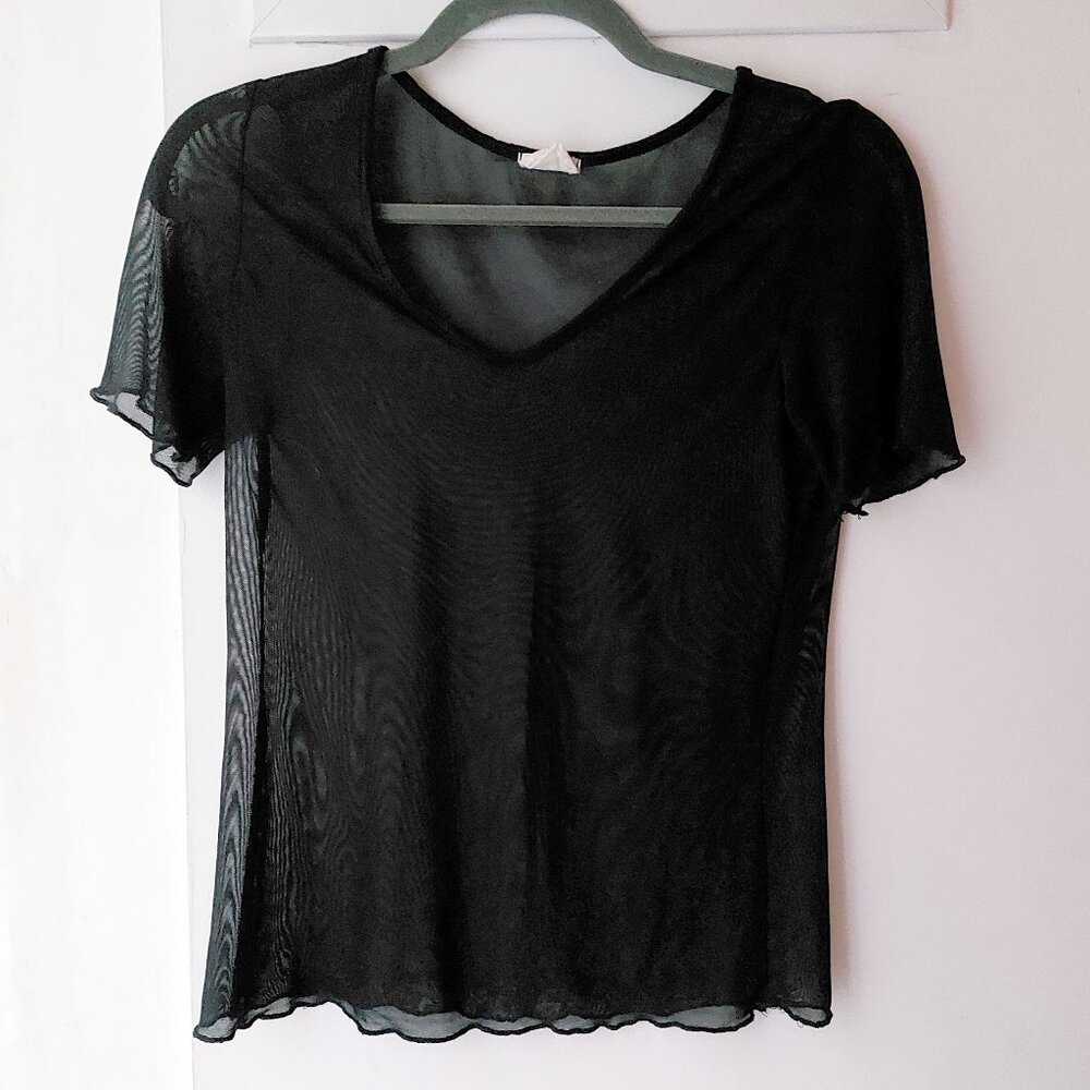 Y2K Sheer Solid Black Mesh Short Sleeve Tee Top - Fits XS/S